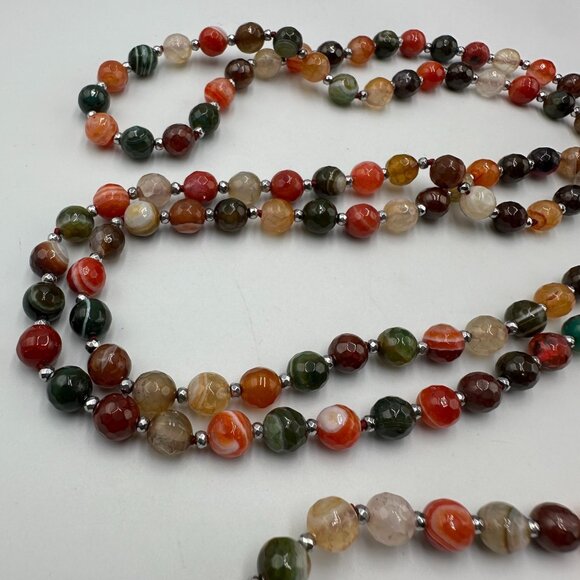 Multicolor Agate Gemstone Necklace Faceted Round Beads Polished Long 60 Inch - Picture 5 of 12